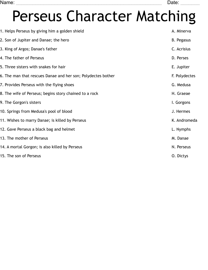 Perseus Character Matching Worksheet