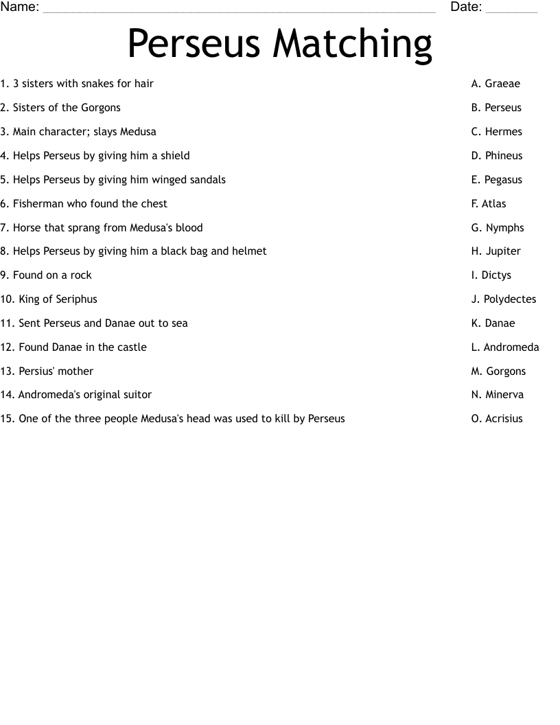 Perseus Matching Worksheet