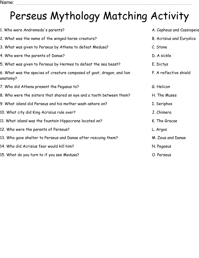 Perseus Mythology Matching Activity Worksheet