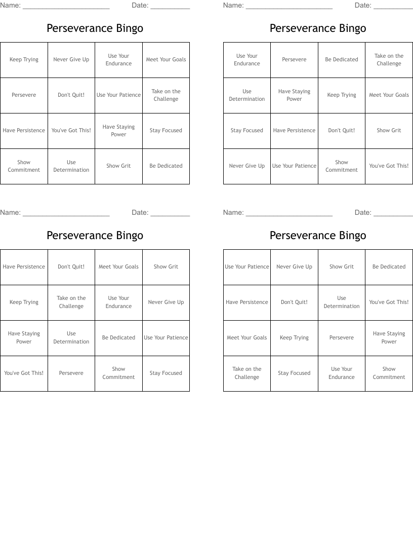 Perseverance Bingo