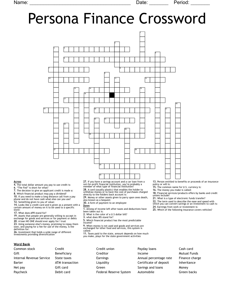 Persona Finance Crossword 