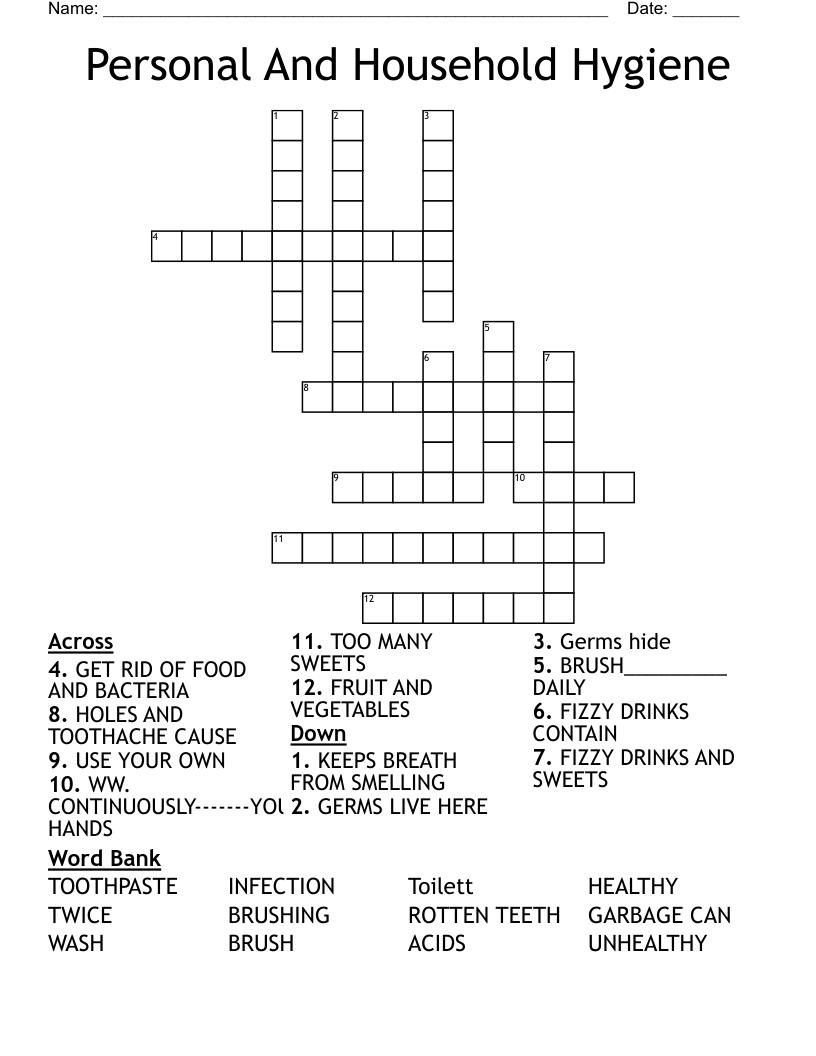 Personal And Household Hygiene Crossword