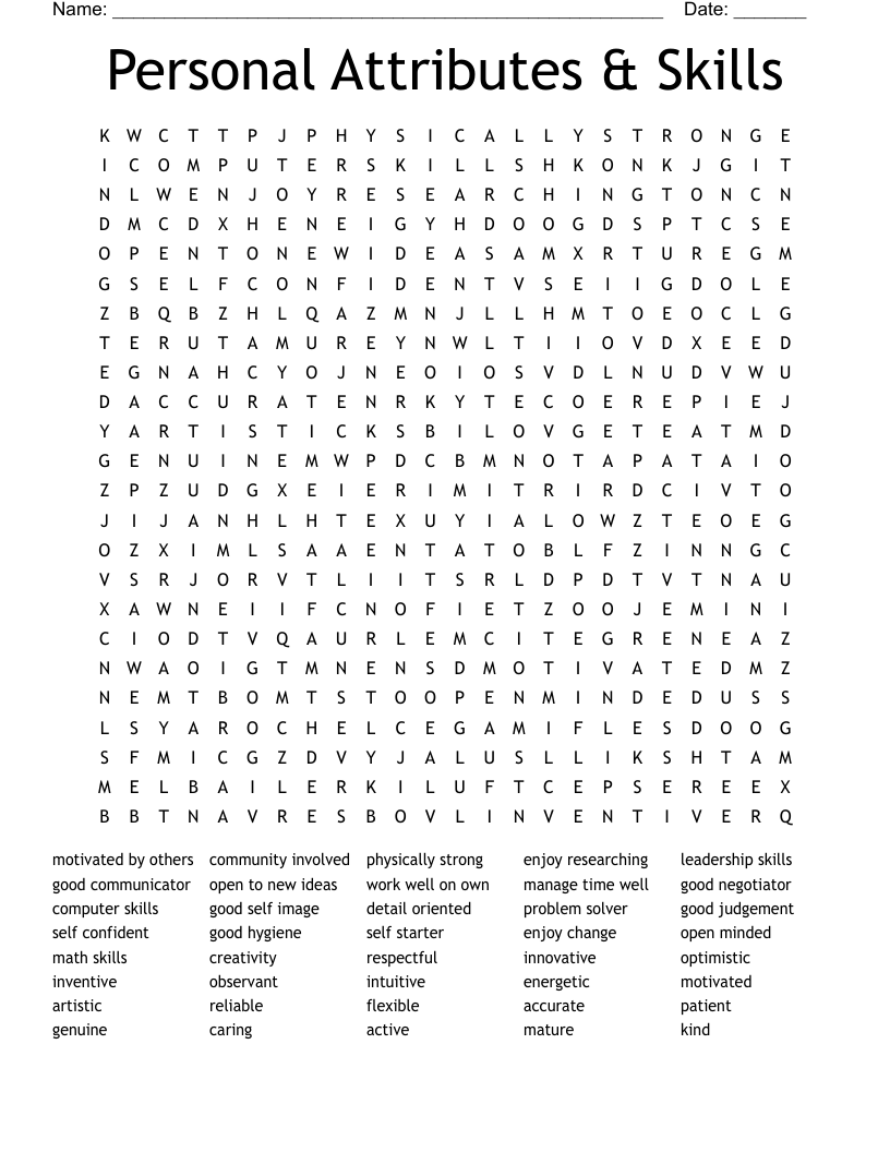 Personal Attributes & Skills Word Search