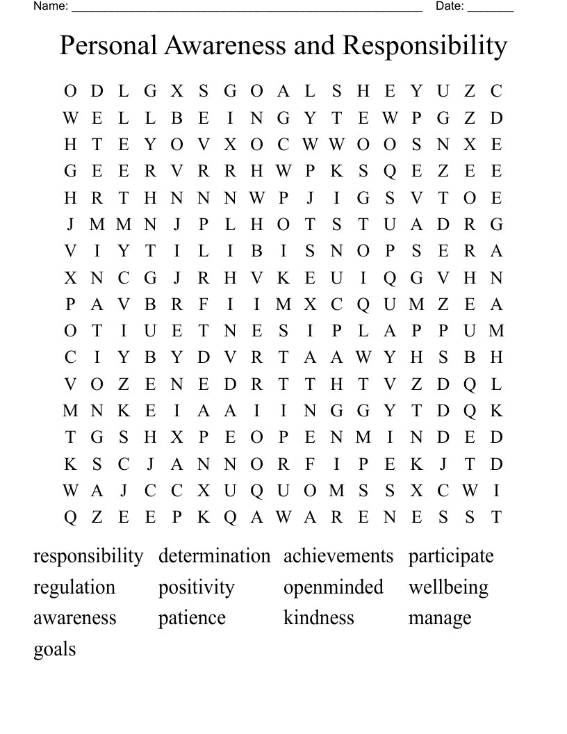 Personal Awareness and Responsibility Word Search