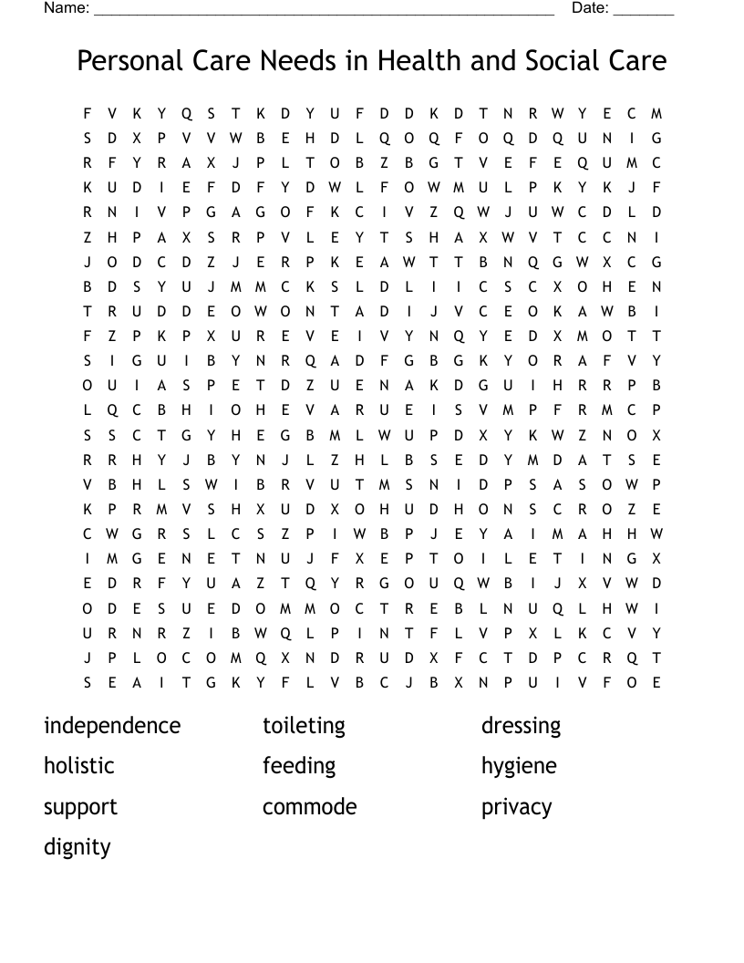 Personal Care Needs in Health and Social Care Word Search