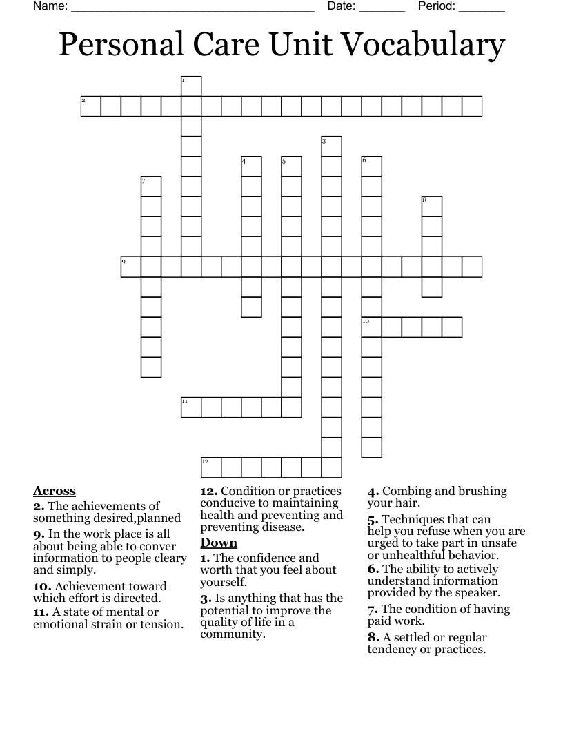 Personal Care Unit Vocabulary Crossword