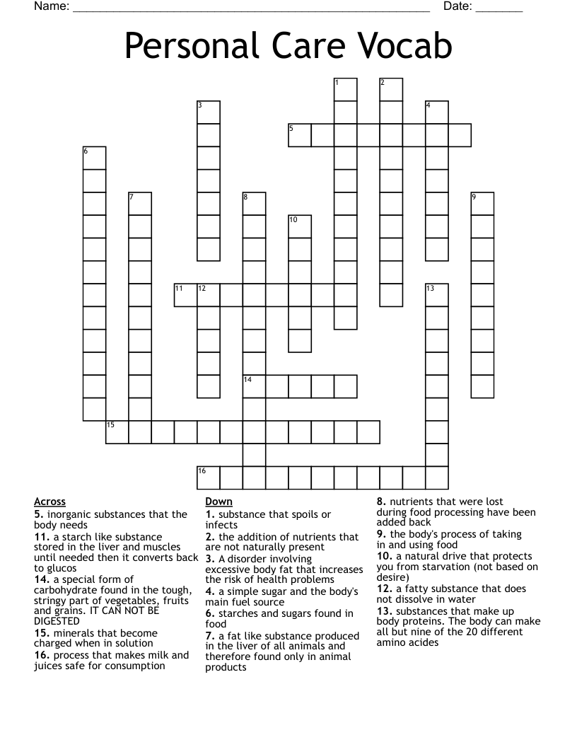 Personal Care Vocab Crossword