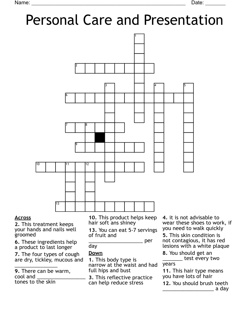 Personal Care and Presentation Crossword
