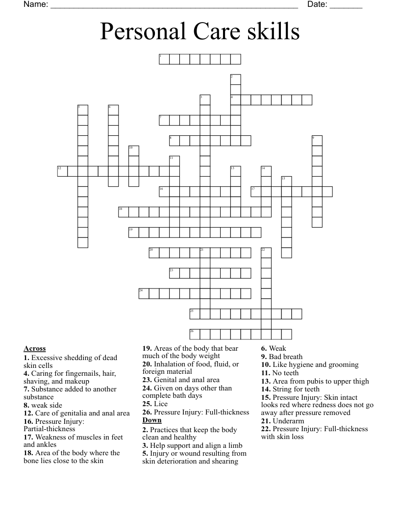Personal Care skills Crossword
