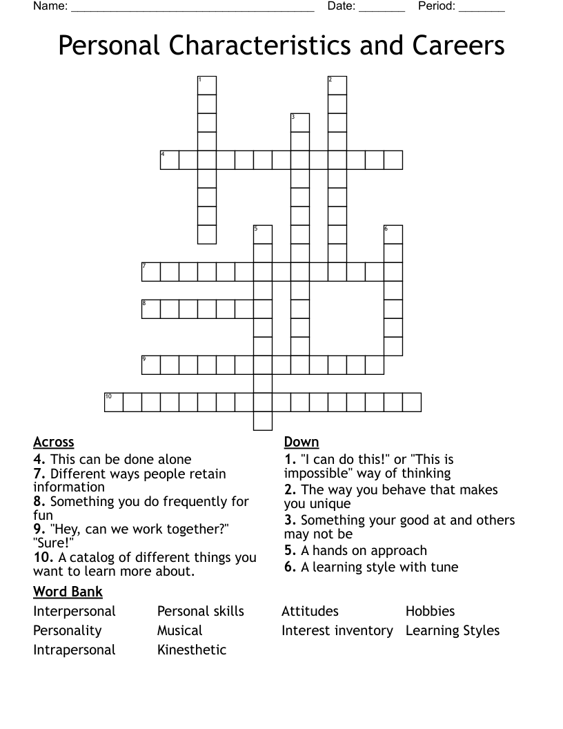 Personal Characteristics and Careers Crossword