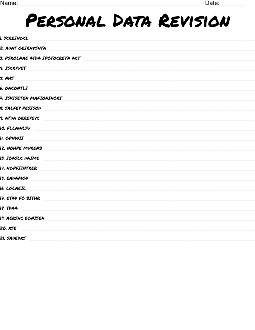 Personal Data Revision  Word Scramble