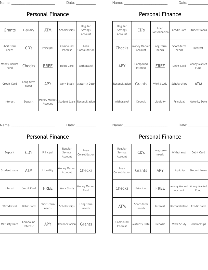 Personal Finance Bingo Cards