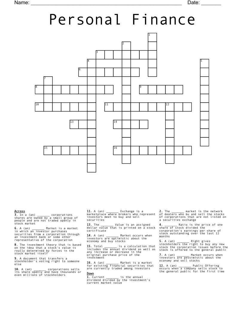 Personal Finance Crossword
