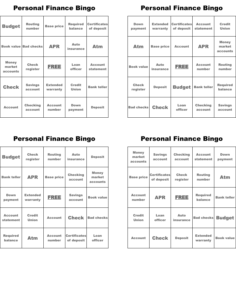 Personal Finance Bingo