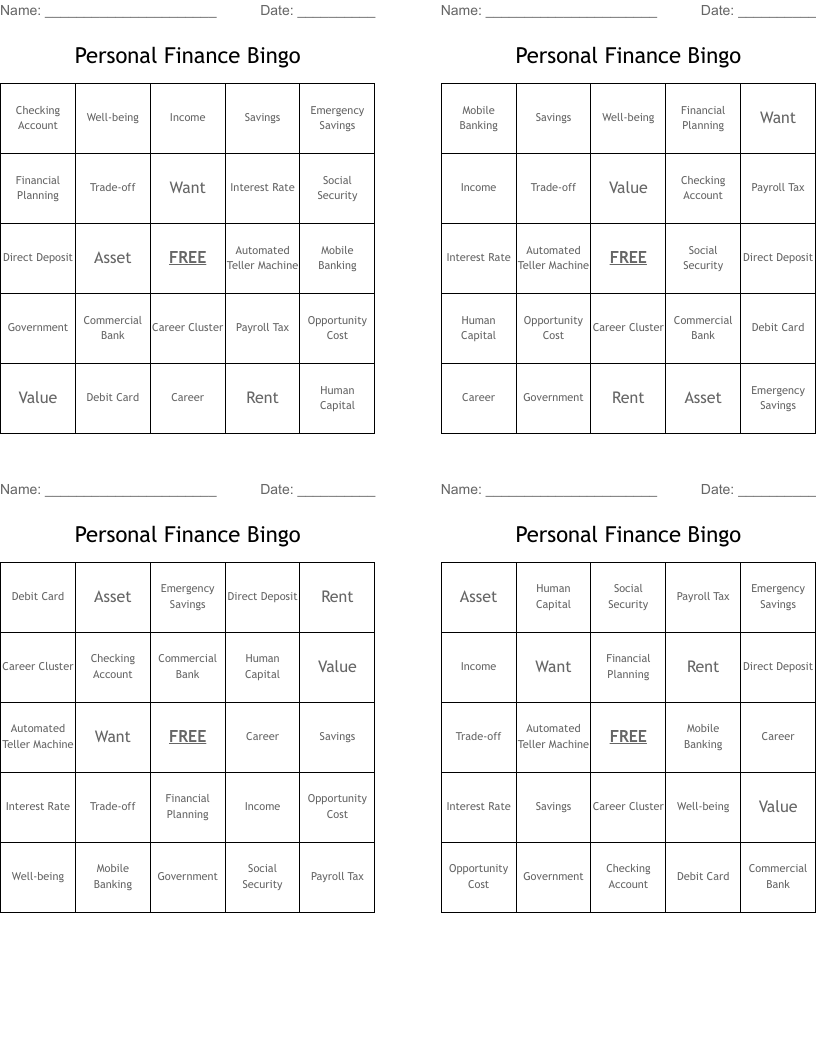 Personal Finance Bingo 