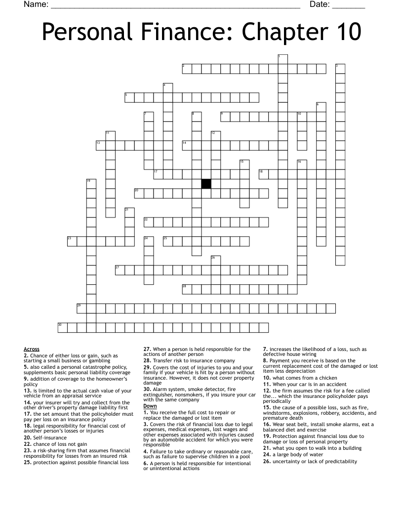 Personal Finance: Chapter 10 Crossword