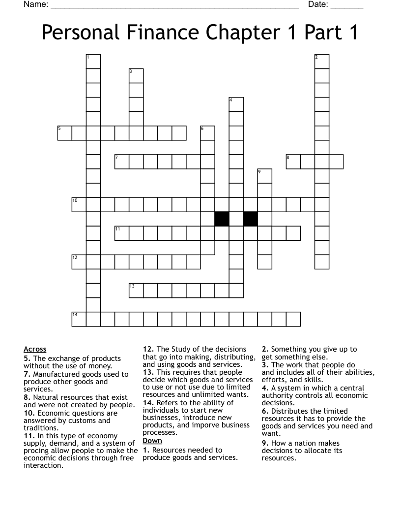 Personal Finance Chapter 1 Part 1 Crossword