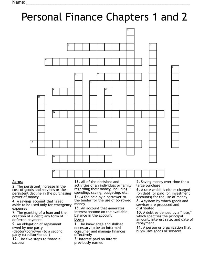 Personal Finance Chapters 1 and 2 Crossword