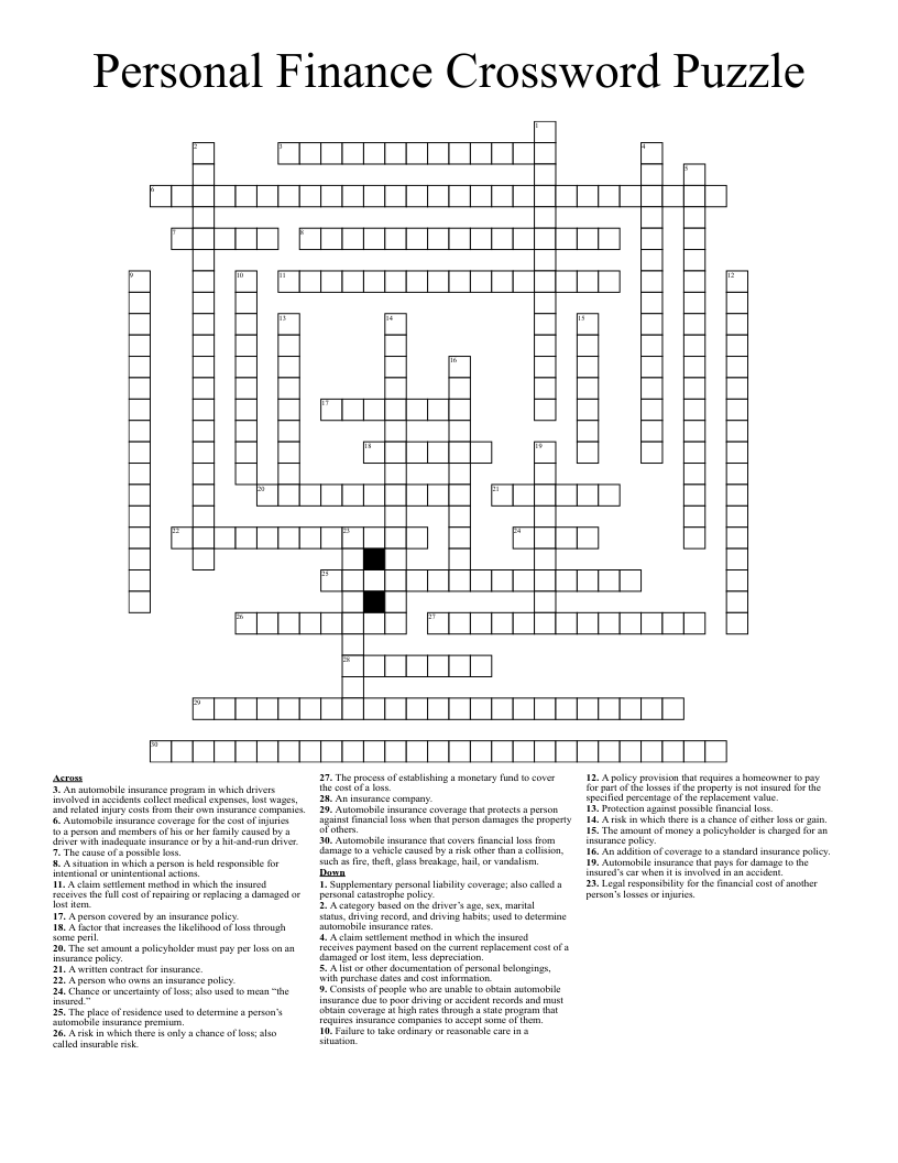 Personal Finance Crossword Puzzle