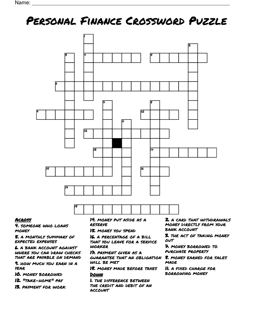 Personal Finance Crossword Puzzle