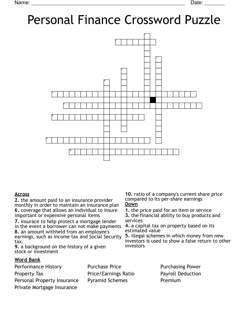 Personal Finance Crossword Puzzle 