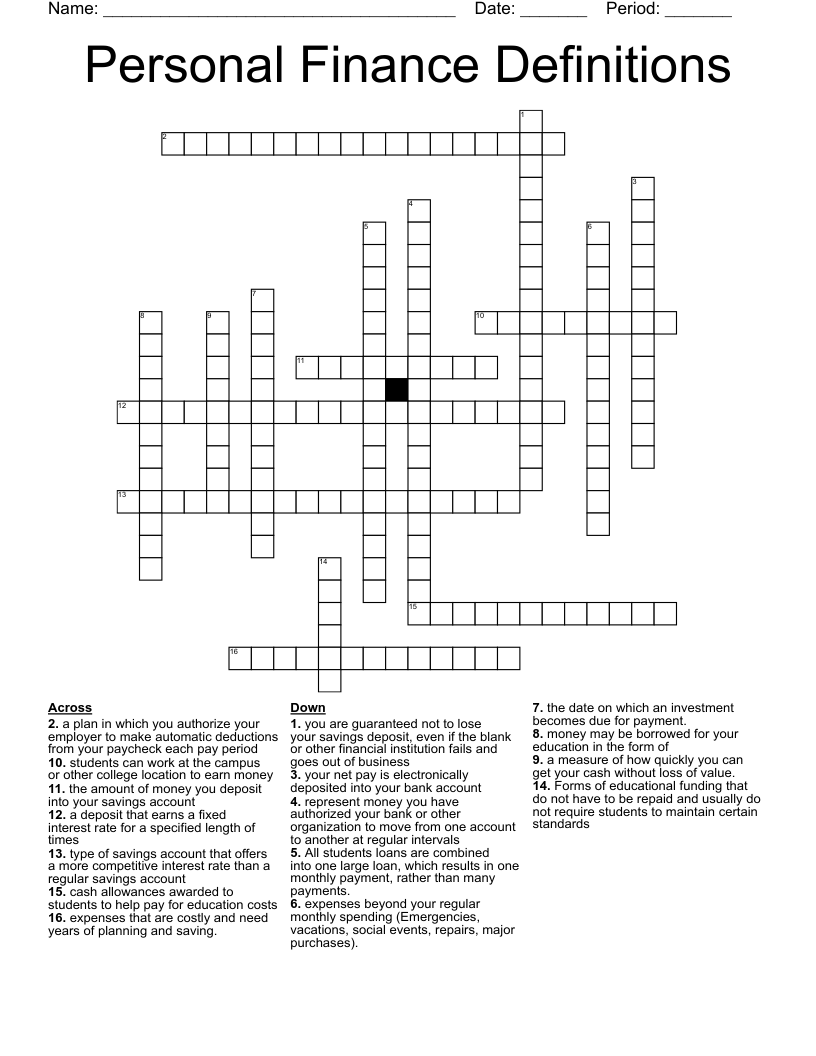 Personal Finance Definitions Crossword