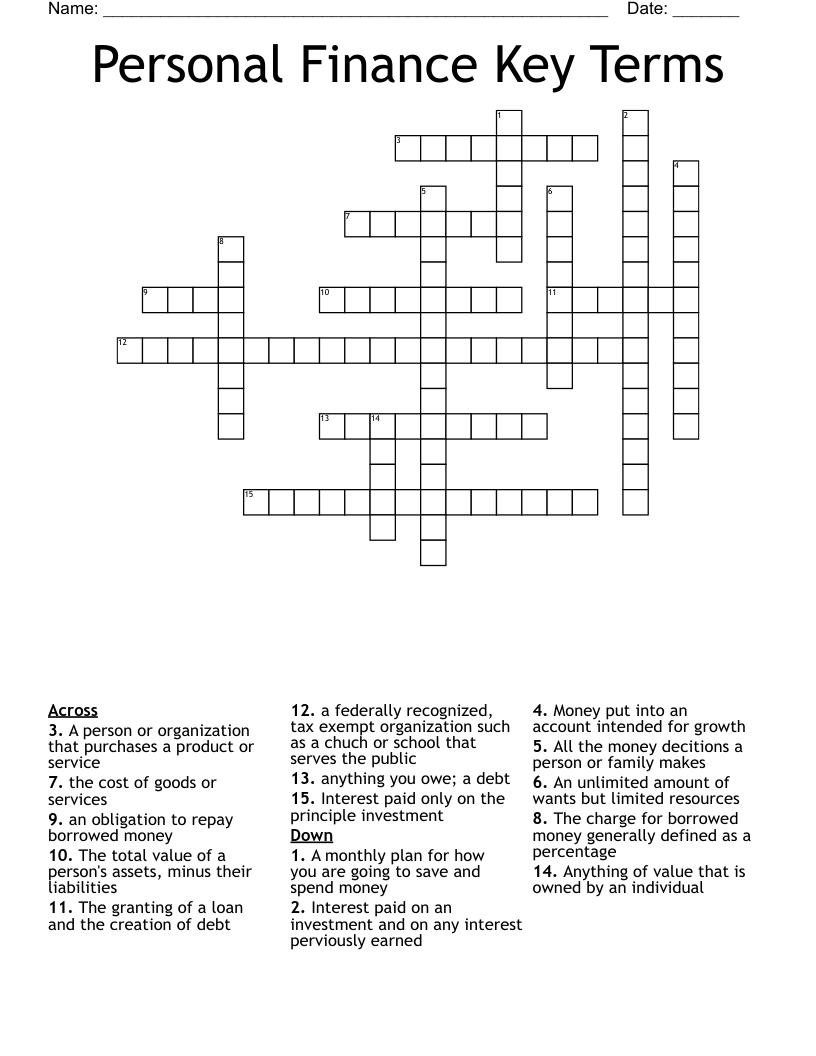 Personal Finance Key Terms Crossword