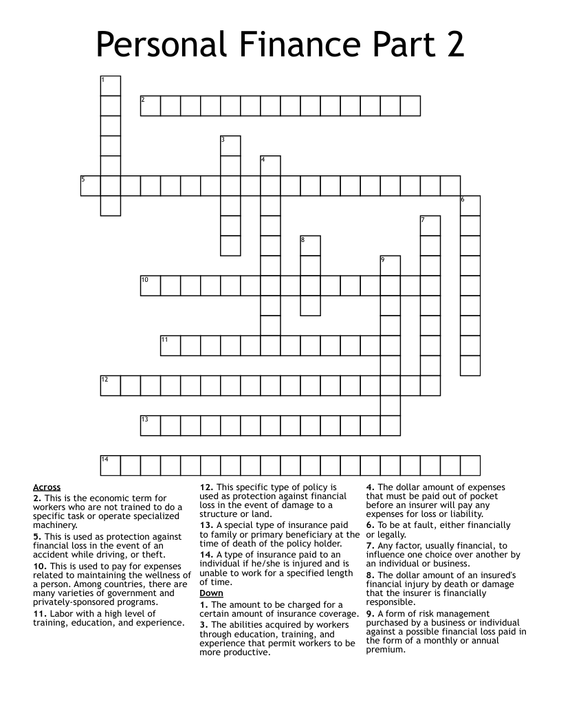 Personal Finance Part 2  Crossword