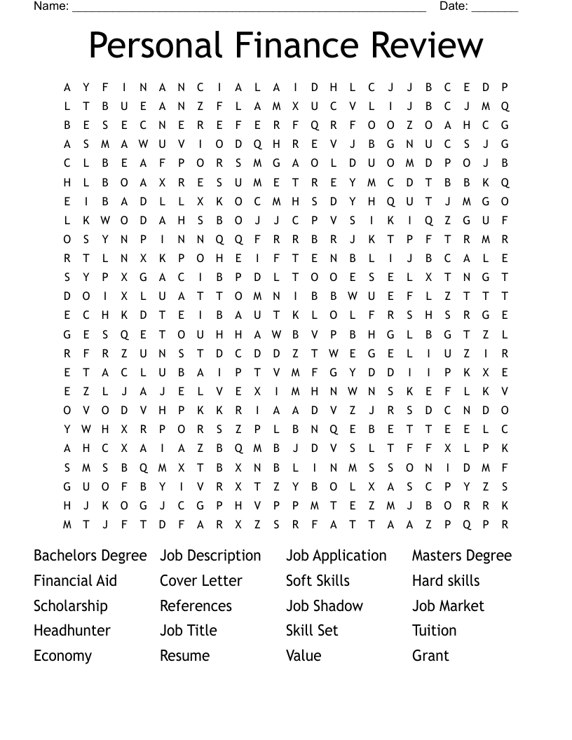 Personal Finance Review Word Search
