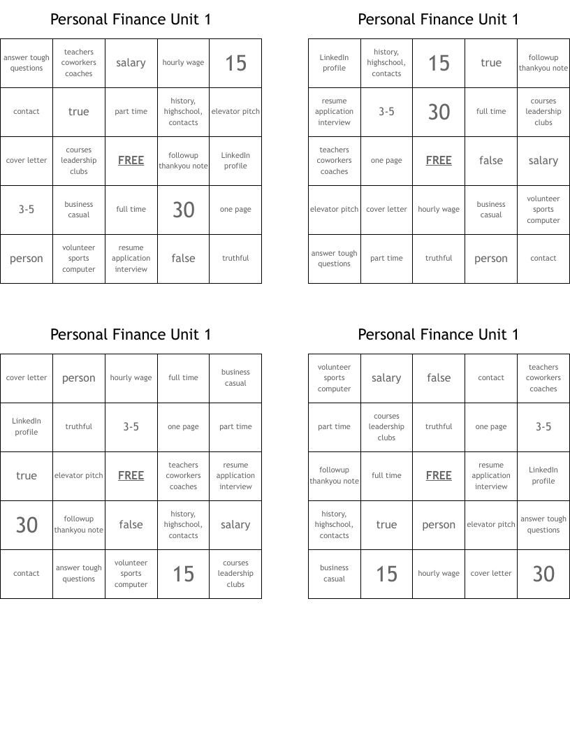 Personal Finance Unit 1 Bingo Cards