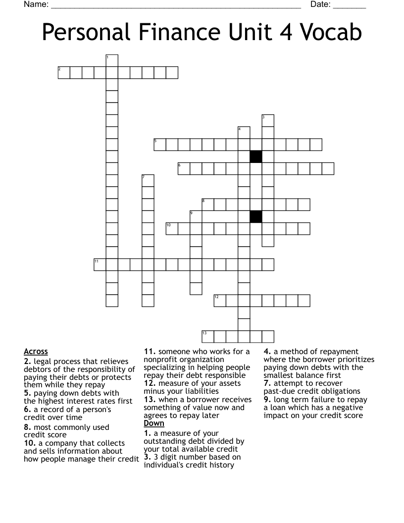 Personal Finance Unit 4 Vocab Crossword