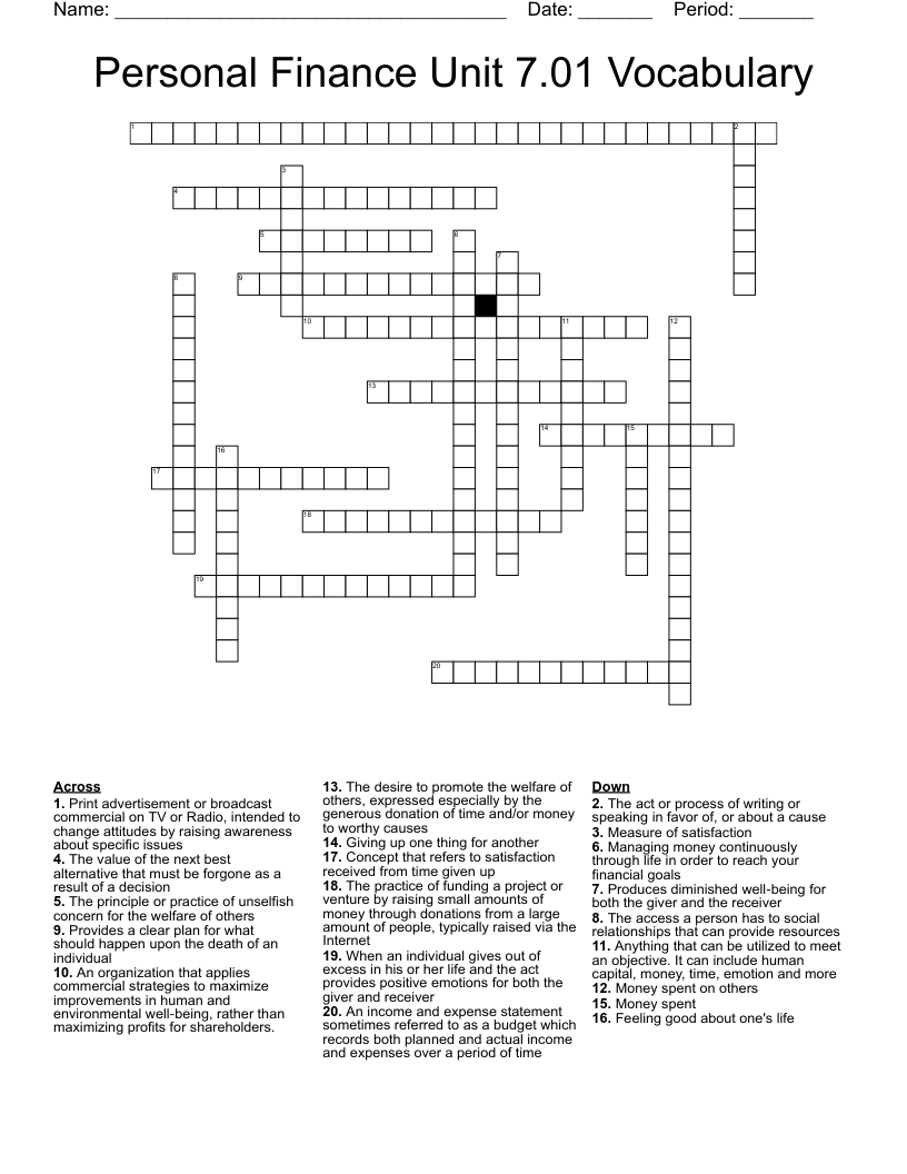 Personal Finance Unit 7.01 Vocabulary Crossword
