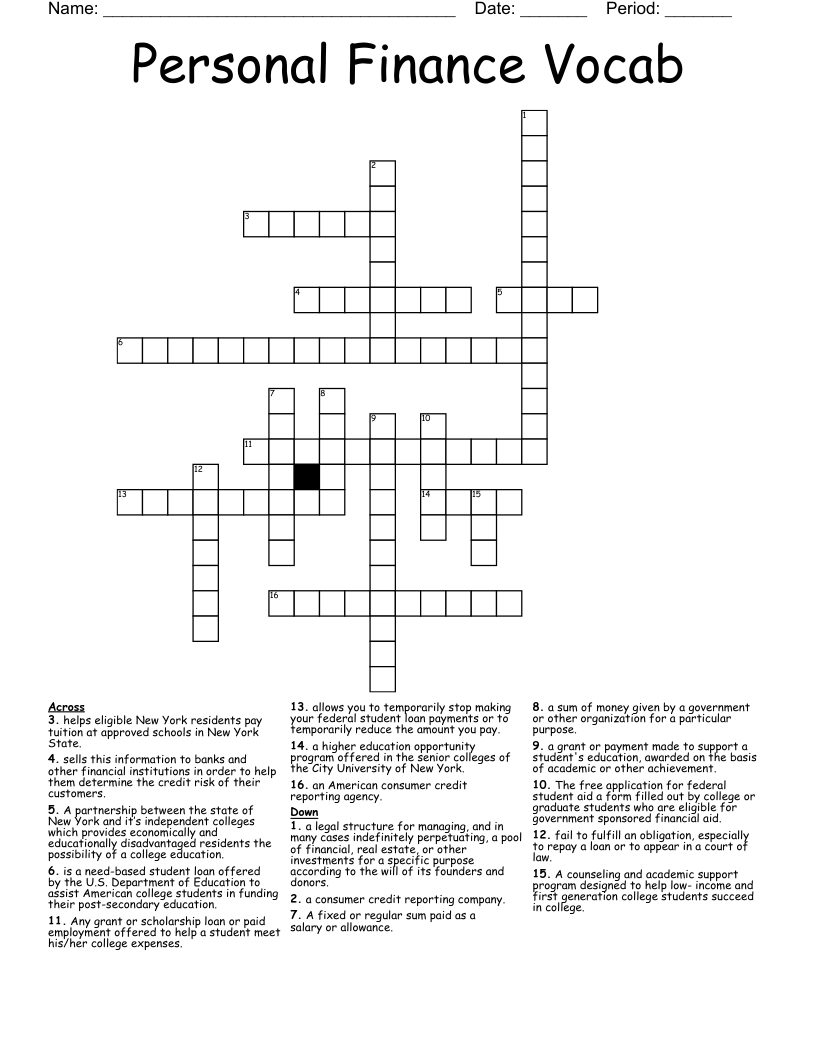 Personal Finance Vocab Crossword