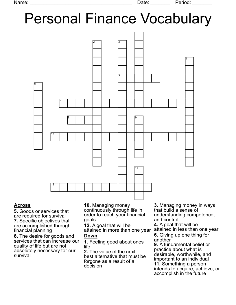 Personal Finance Vocabulary Crossword