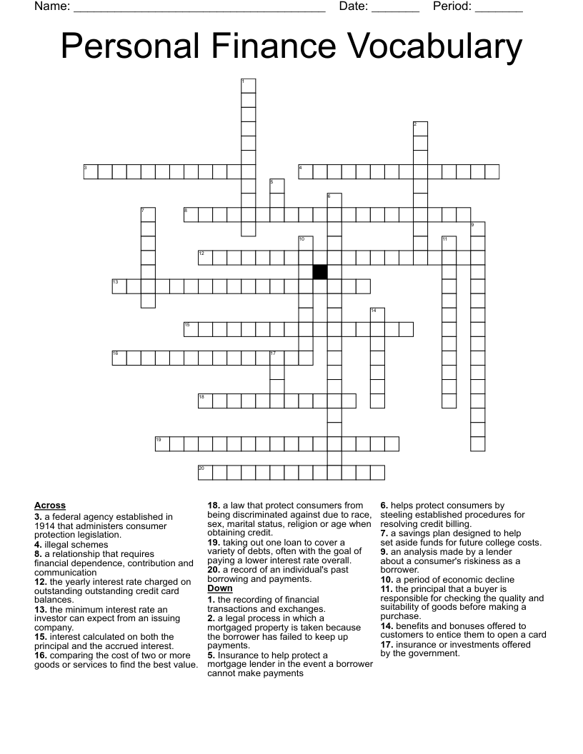 Personal Finance Vocabulary Crossword