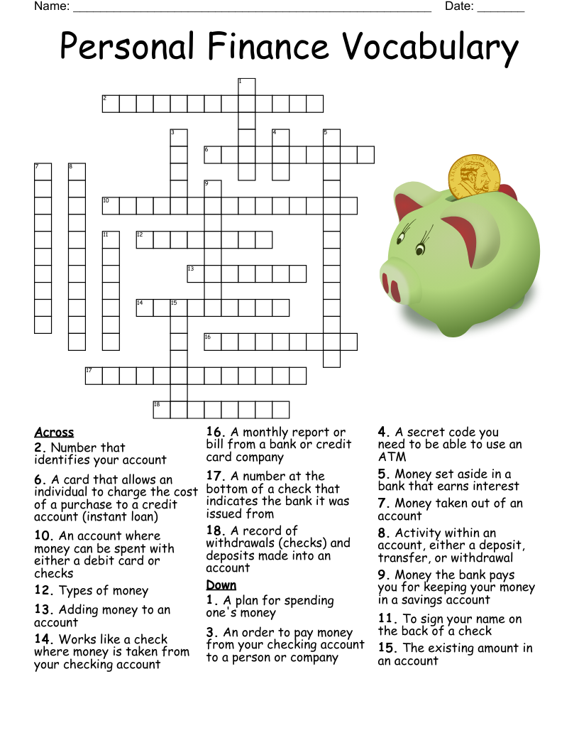 Personal Finance Vocabulary Crossword