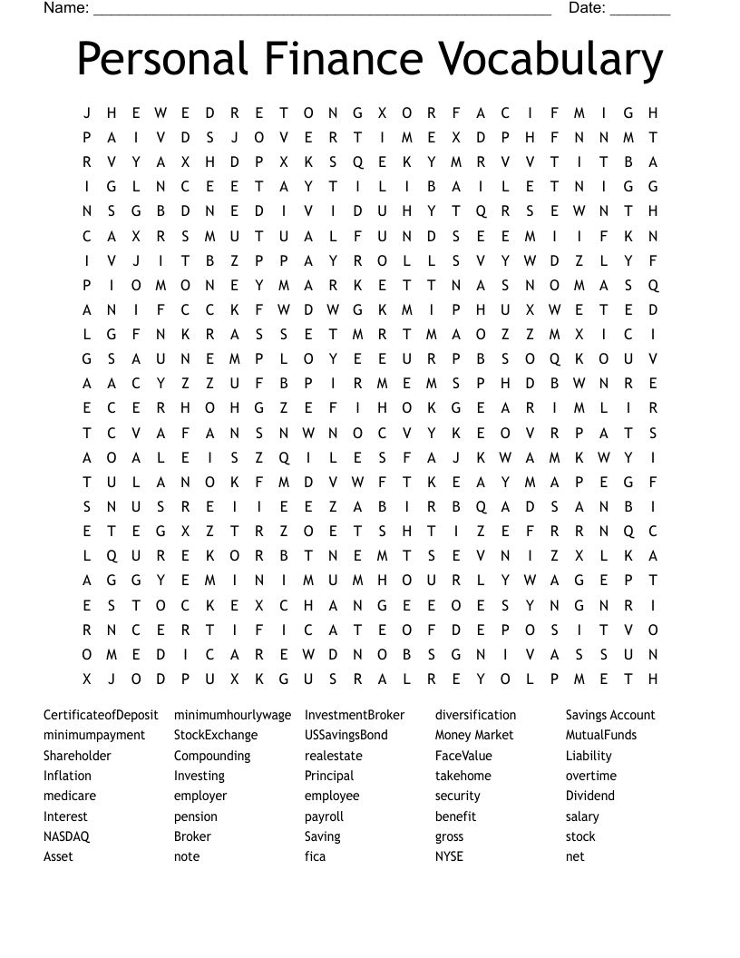 Personal Finance Vocabulary Word Search