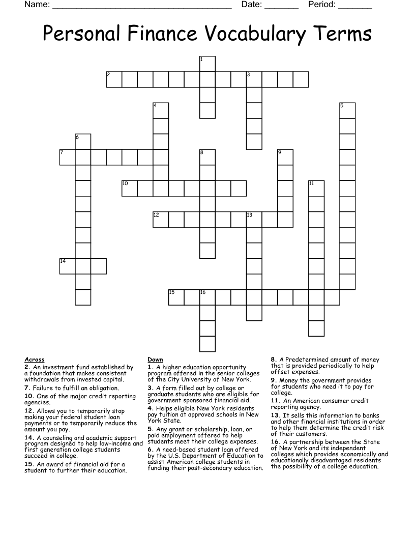 Personal Finance Vocabulary Terms Crossword