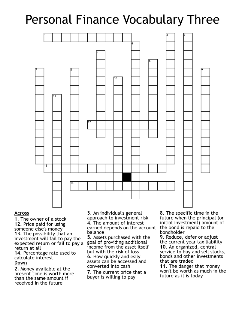 Personal Finance Vocabulary Three Crossword