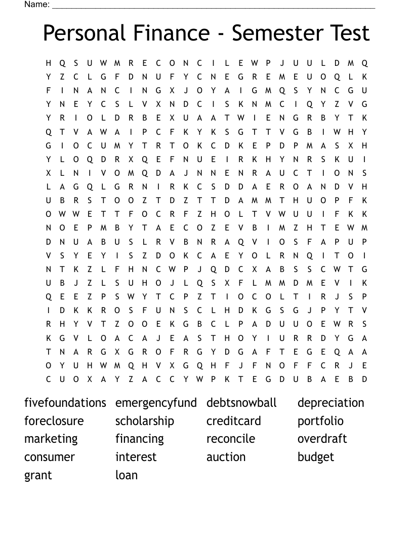 Personal Finance - Semester Test Word Search