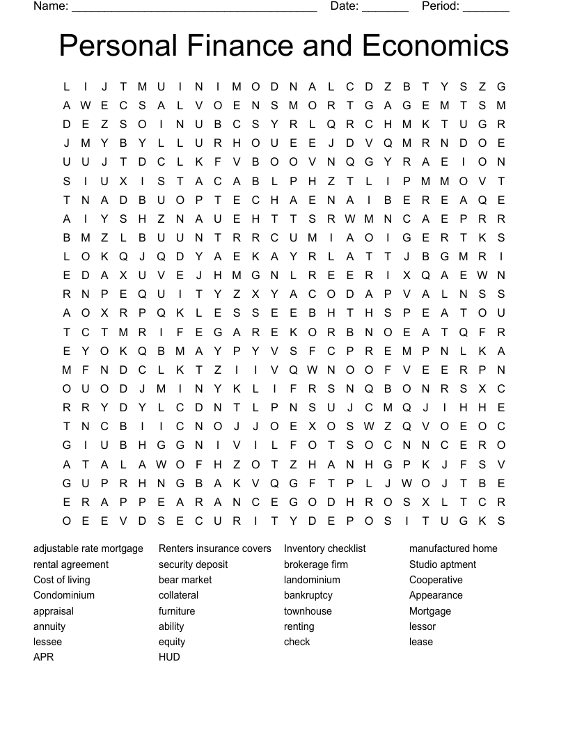 Personal Finance and Economics Word Search