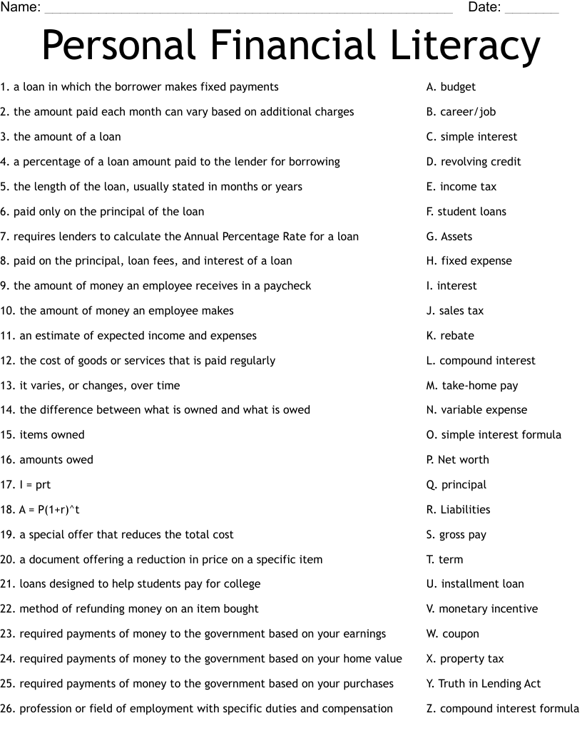 Personal Financial Literacy Worksheet