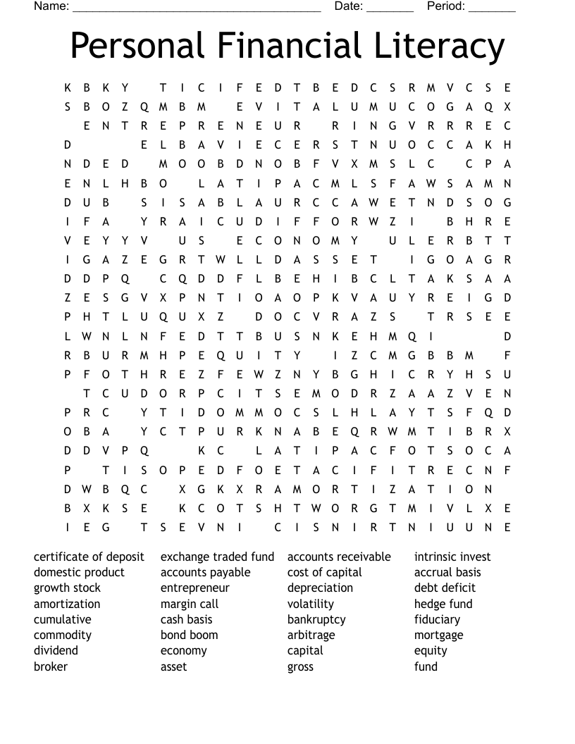 Personal Financial Literacy Word Search