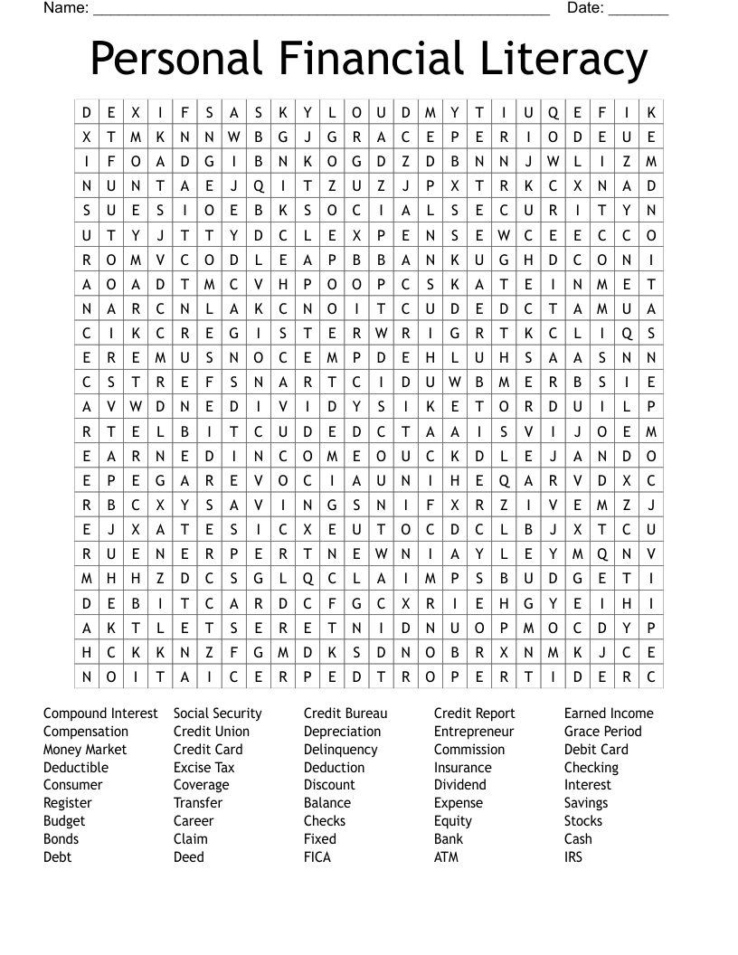 Personal Financial Literacy Word Search