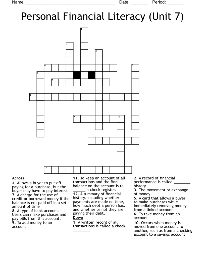 Personal Financial Literacy (Unit 7) Crossword