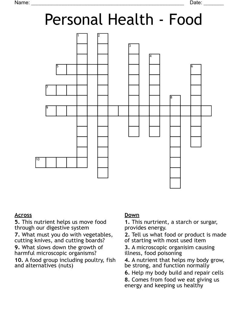 Personal Health - Food Crossword