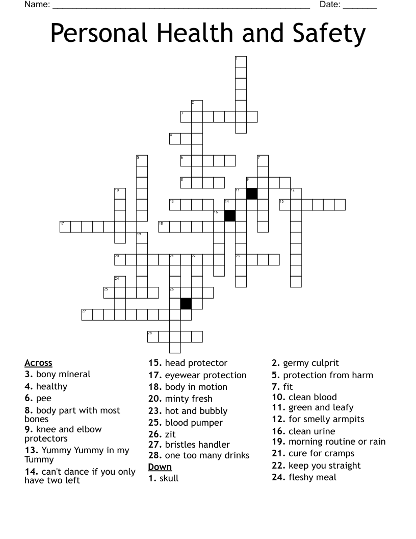 Personal Health and Safety Crossword