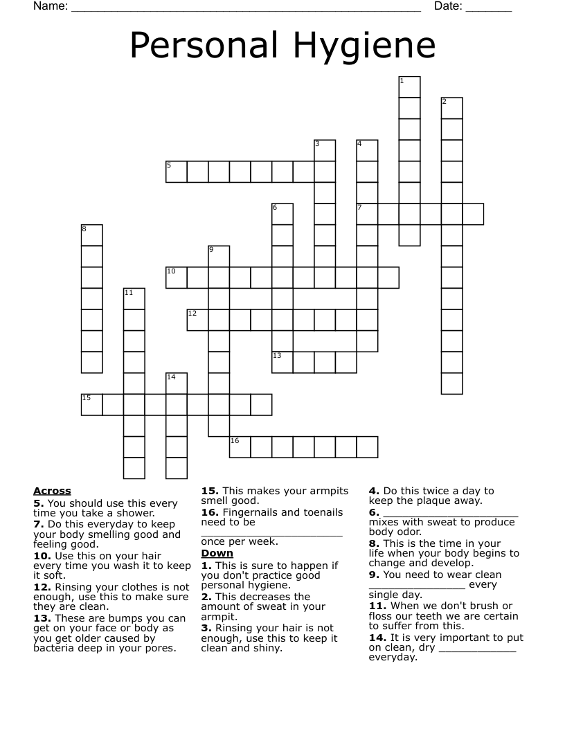 Personal Hygiene Crossword