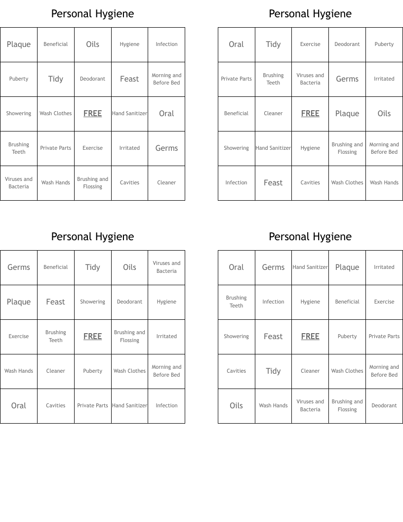 Personal Hygiene Bingo Cards