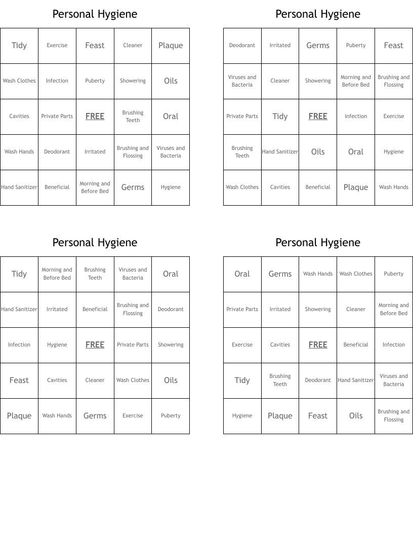 Personal Hygiene Bingo Cards